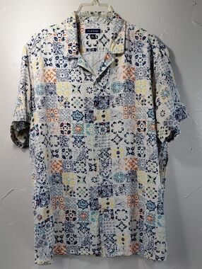 Club Room Silk Short-Sleeve Button-up Multi-Color Tile Print Shirt Men's XL